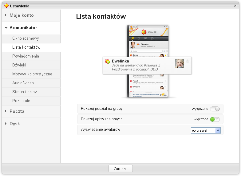 Ustawienia - Lista kontaktów