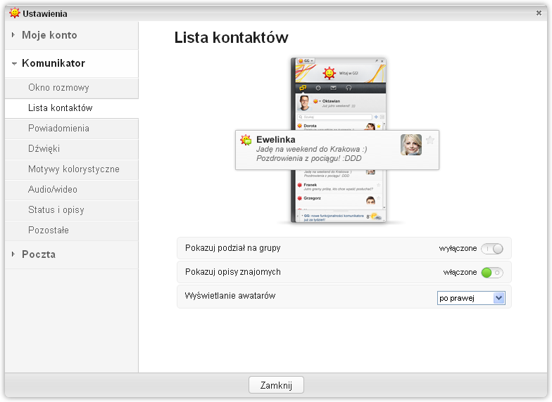 Ustawienia - Lista kontaktów