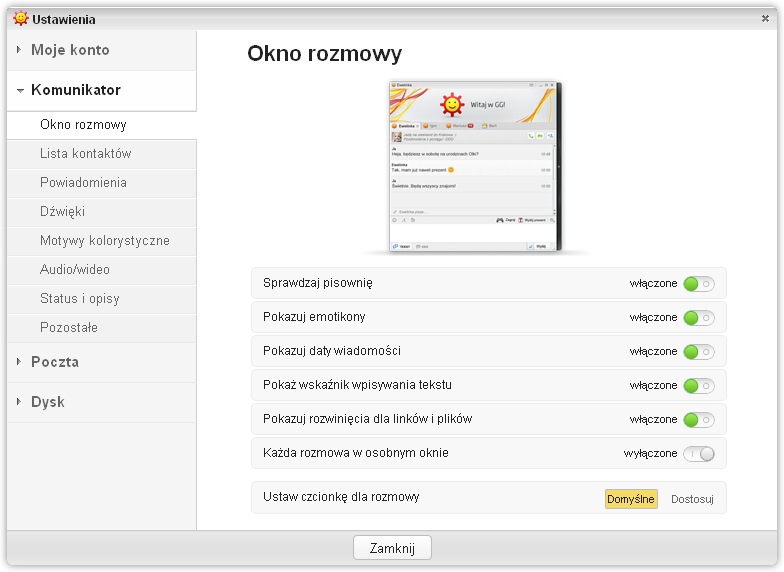 Ustawienia - Okno rozmowy