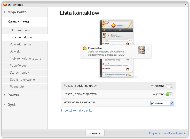 Ustawienia - Lista kontaktów