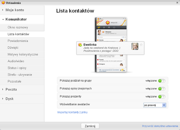 Ustawienia - Lista kontaktów