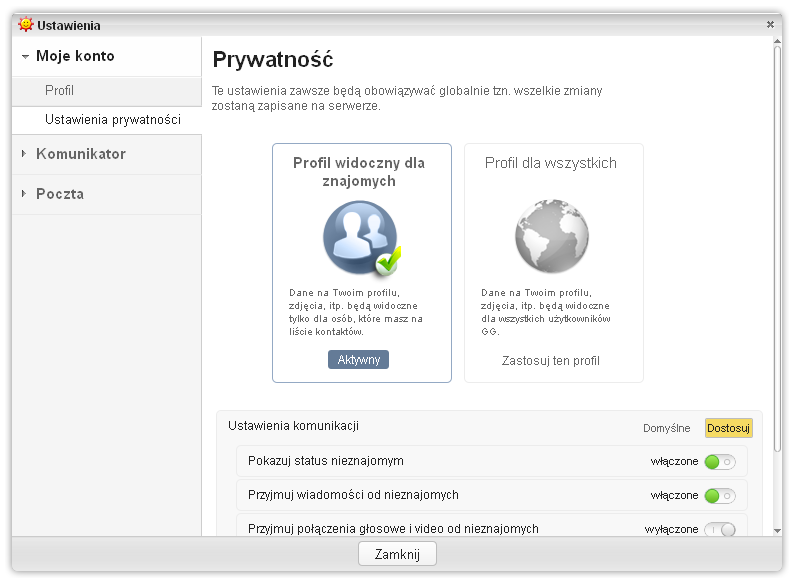 Ustawienia prywatności w komunikatorze GG