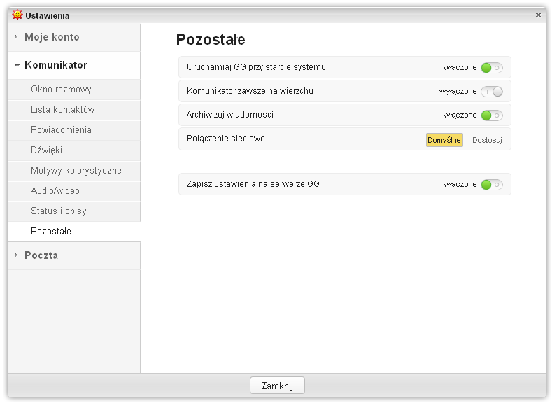 Widok opcji ustawień - Wyłączanie archiwizacji
