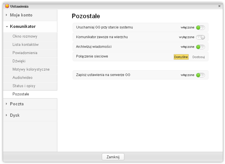 Widok opcji ustawień - Wyłączanie archiwizacji