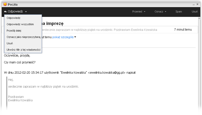 Odpowiadanie na otrzymaną wiadomość email w komunikatorze GG