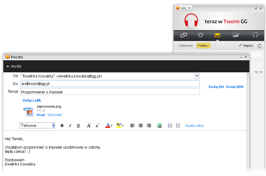 Pisanie i wysyłanie wiadomości email z poziomu komunikatora GG na komputerze