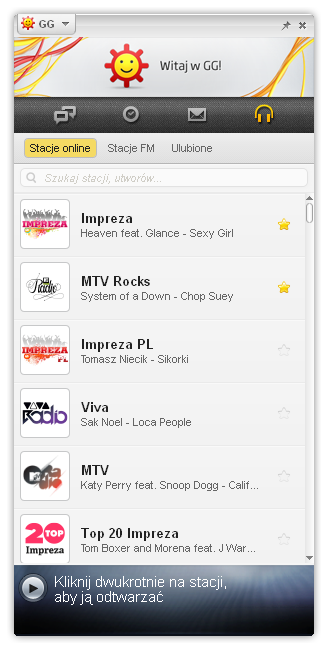 Widok stacji radiowych w komunikatorze GG