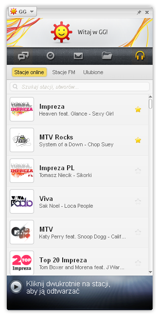 Widok stacji radiowych w komunikatorze GG
