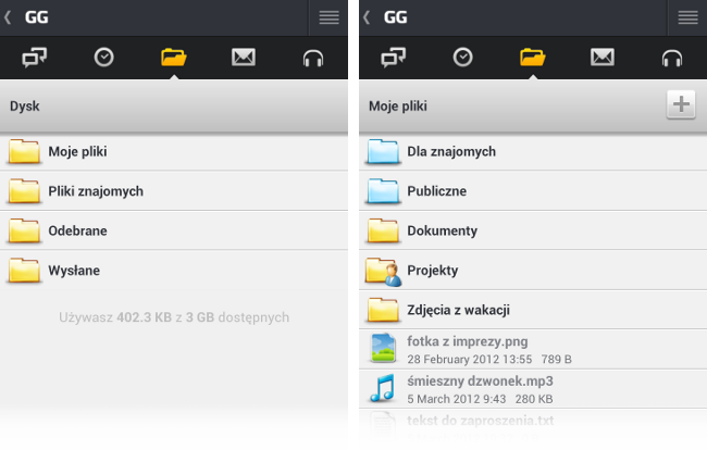 Widok GG Dysku i folderu "Moje pliki" na telefonach z systemem Android