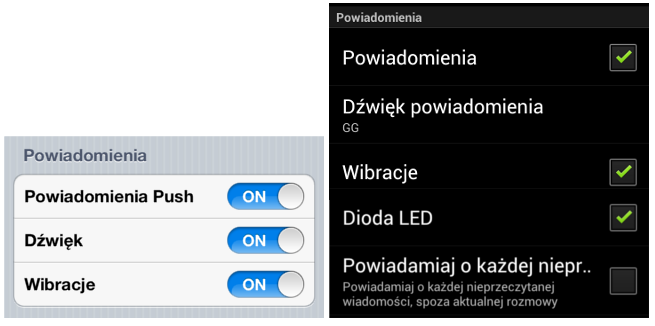 Ustawienia powiadomień w globalnych ustawianiach aplikacji komunikatora GG na iPhone i telefony z systemem Android