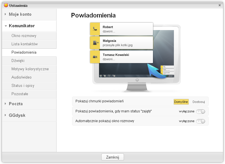 Widok "Ustawień" - wyciszanie powiadomień