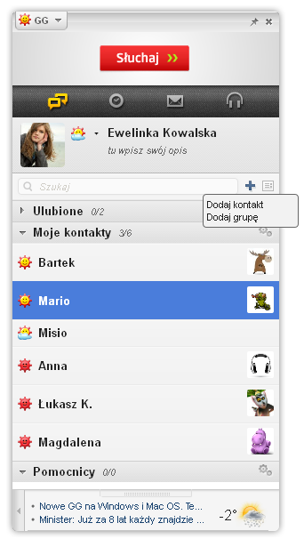 Widok dodawania kontaktu w oknie głównym komunikatora