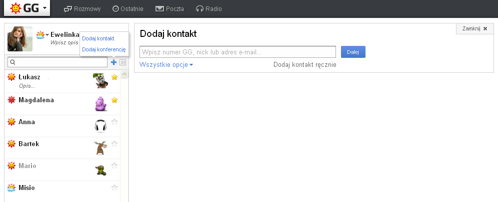Widok dodawania kontaktu przez GG.pl