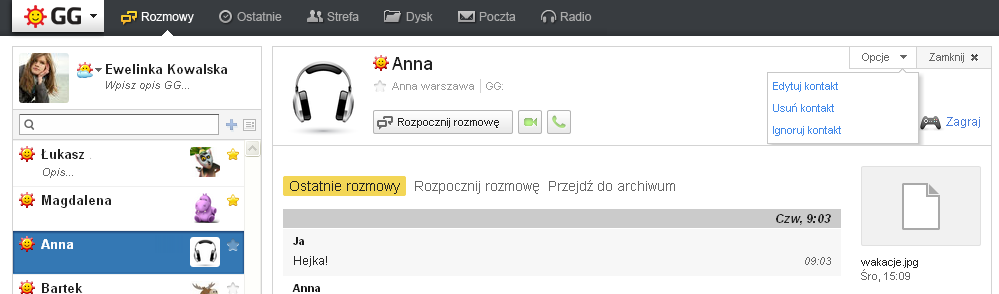 Widok GG.pl - usuwanie i ignorowanie kontaktu
