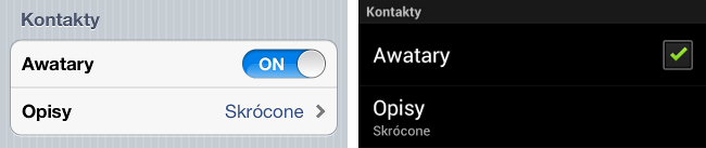 Ustawienia globalne aplikacji komunikatora GG - Wyświetlanie kontaktów - widok na iPhone i telefonach z systemem Android