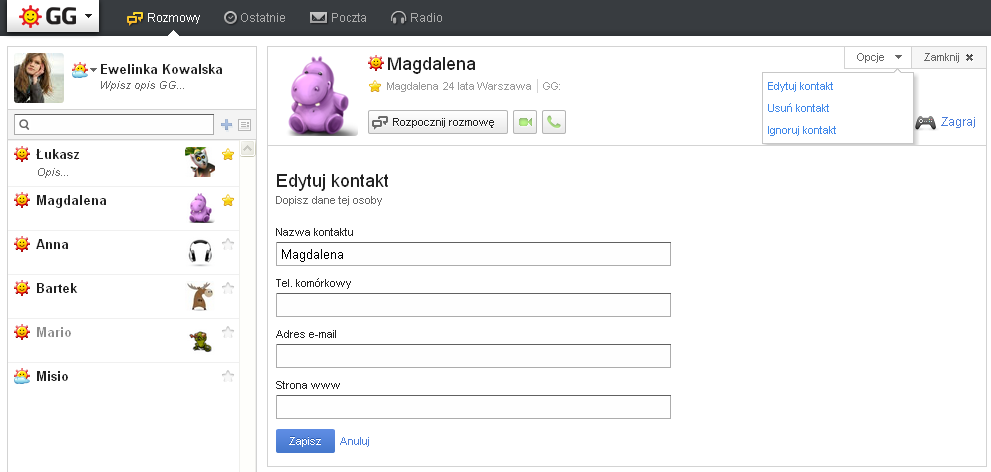Widok panelu kontaktu w GG.pl