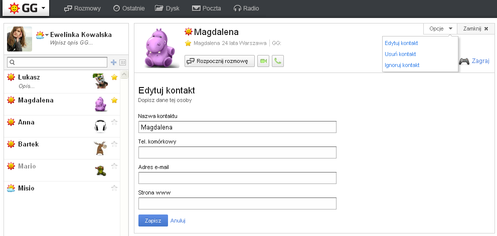 Widok panelu kontaktu w GG.pl