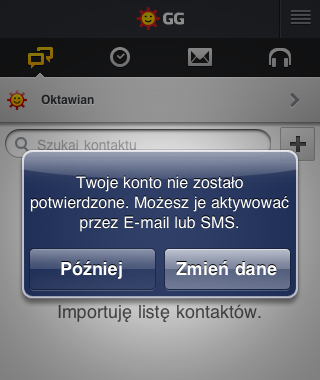 Widok niepotwierdzonego konta po zalogowaniu