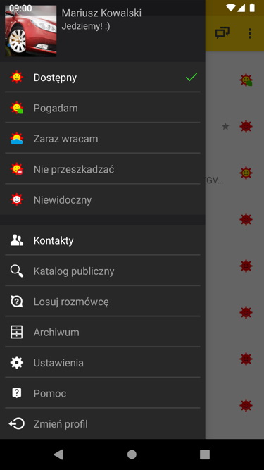 Widok wyboru statusu na aplikacji komunikatora GG w telefonie z systemem Android