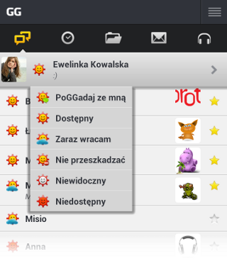 Widok wyboru statusu na aplikacji komunikatora GG w telefonie z systemem Android Widok wyboru statusu na aplikacji komunikatora GG w telefonie z systemem Android